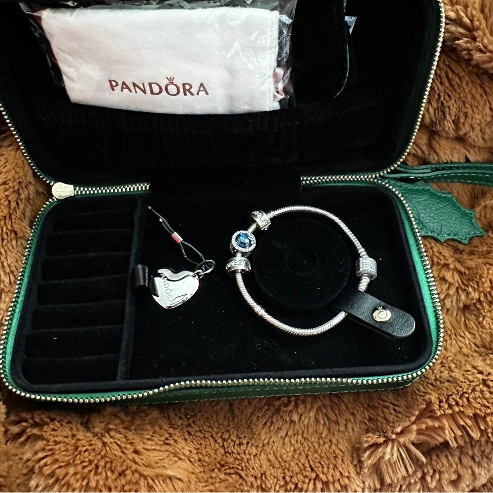 Pandora Silver Bracelet with Blue Sapphire Charm and Travel Case